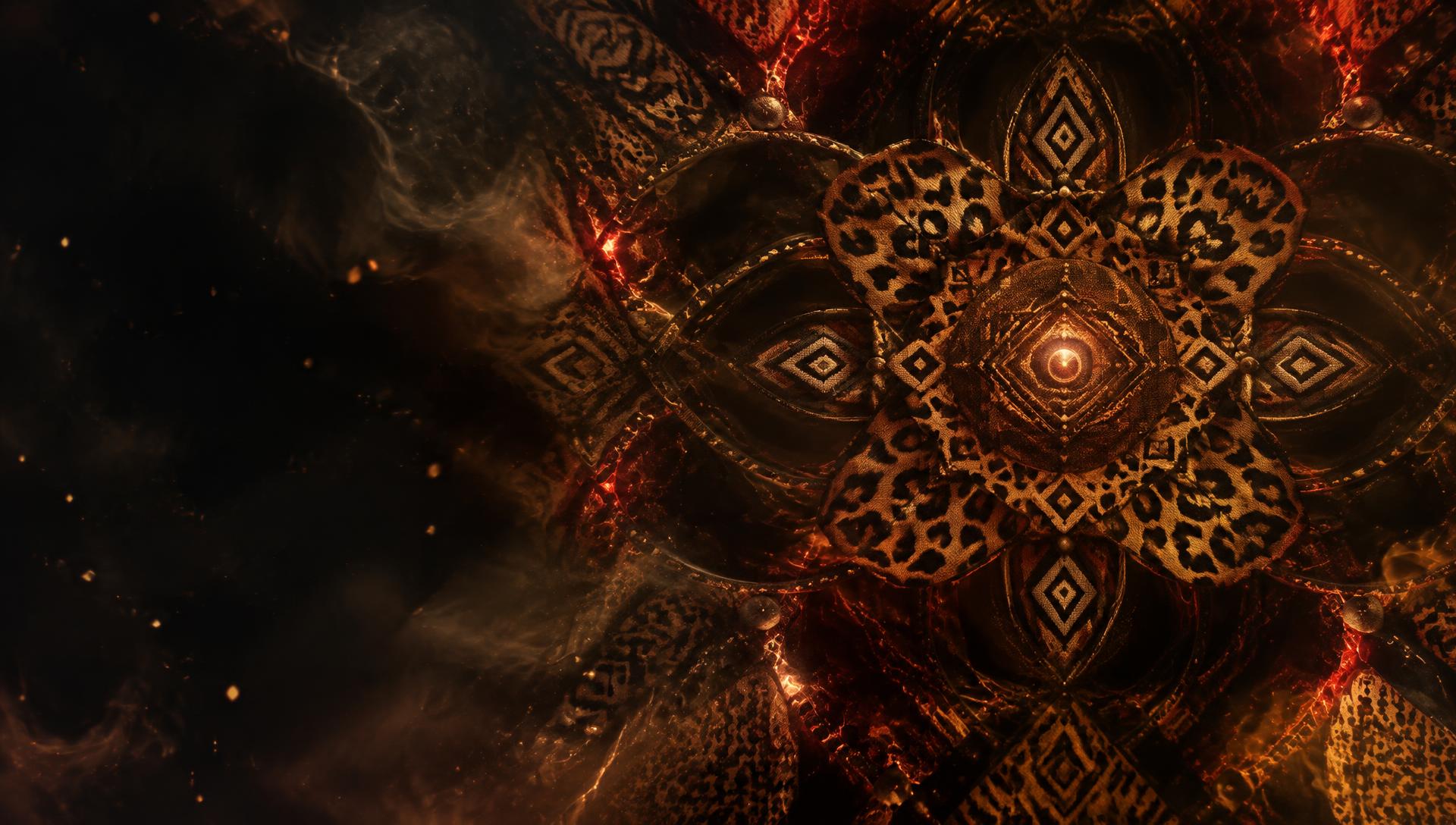 Dimensional ceremonial pattern illuminated by embers